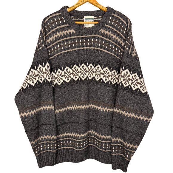 Vintage Wool Blend Grandpa Sweater Gray Fair-isle Knit Cabincore Nordic Chunky - Picture 1 of 9